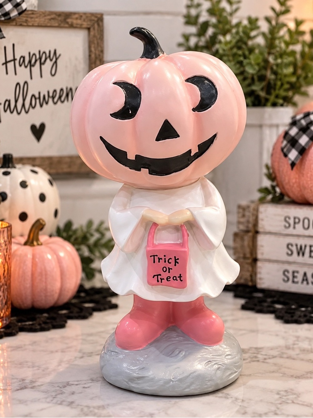 NEW Pink Jack-O’-Lantern Ghost Trick or Treater Resin Figurine – 9” Halloween De